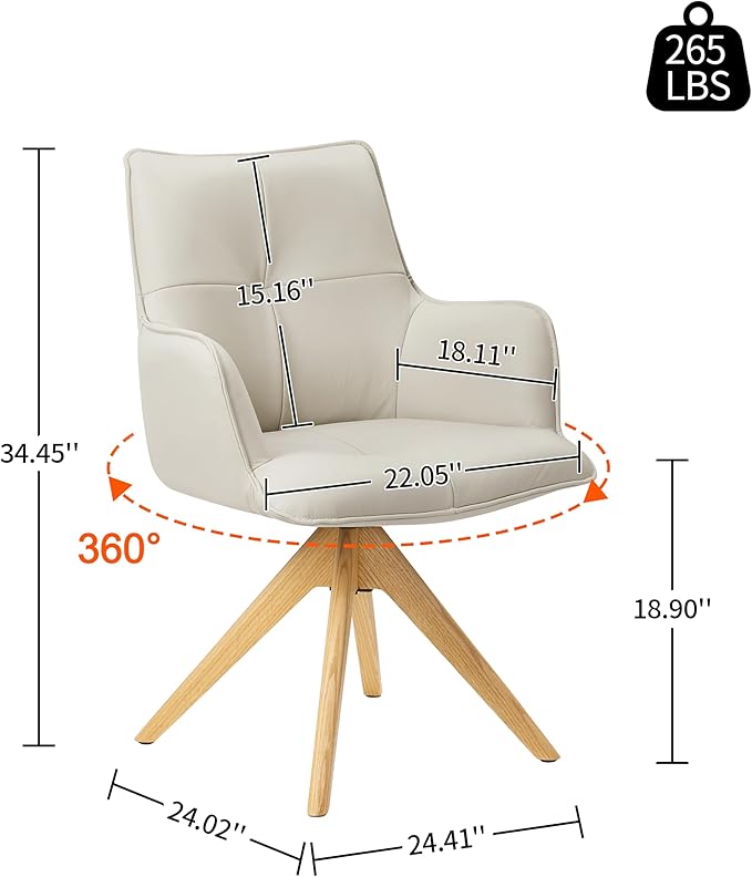 Art Leon Mid Century Modern Desk Chair - Genuine Leather Upholstered Office Chair No Wheels, Swivel Armchair with Oak Wood Legs for Small Space Living Room Bedroom, Set of 2, Off White