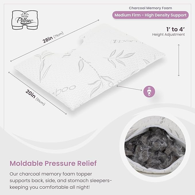 Wife Pillow - Topper, Rayon Shell/Charcoal Shredded High Density Memory Foam Filling. Adjustable for Side Sleepers by Zipper Access to Add/Remove Fill for Best Sleeping: High Denisty Support