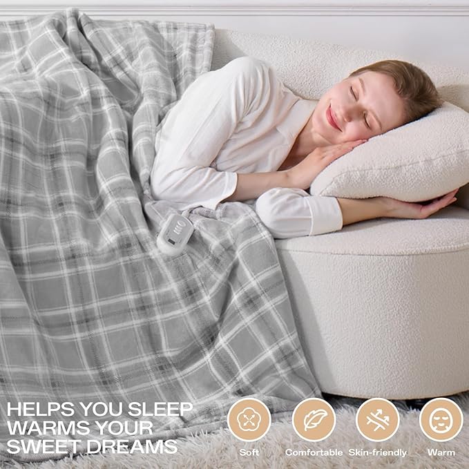 Heated Blanket Electric Throw, 50X60 Heating Throw with 8 Heating Levels & 8 Time Settings, Grey Plaid Washable Warm Soft Flannel Blanket Gift for Couch Bed Office, ETL Certified