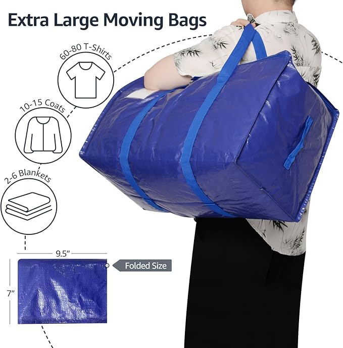 Moving Bags Heavy Duty Extra Large, Moving Boxes, Moving Supplies Essentials, Blue Storage Bins with Lids, Plastic Packing Totes, Storage Bags for Clothes with Handles & Zippers(Blue, 10 Pack)