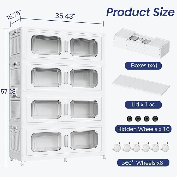 200 Gallon Extra Large Storage Bin with Lid and Wheels, Stackable Collapsible Plastic Storage Box with Door, Foldable Organizer for Closet, Kitchen, Office, Living Room, 4 Pack White