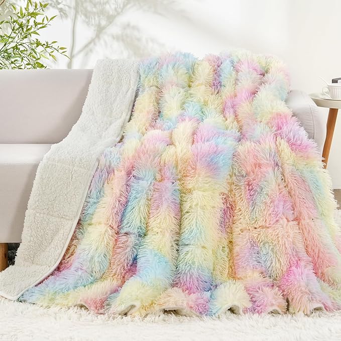 Uttermara Faux Fur Weighted Blanket Queen Size 15 lbs 60x80 inches, Warm Sherpa Weighted Blankets for Adults, Thick Heavy Blanket with Soft Plush Fleece & Cozy Sherpa Great for Relax, Rest, Rainbow
