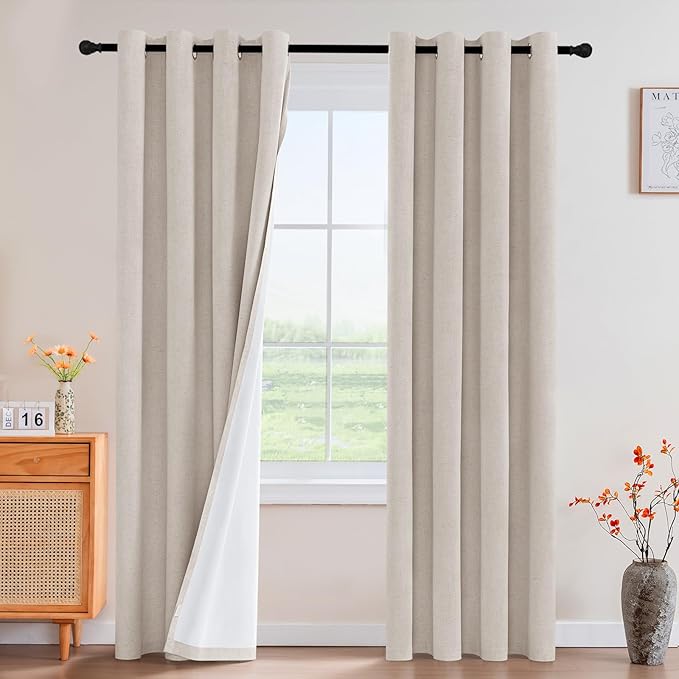 PrinceDeco Nature Linen Blackout Curtains 96 Inch Long Thermal Insulated Draperies Sun Block & Room Darkening Curtains for Bedroom Windows with Nickel Grommet(2 Panels Set,Heathered Natural)