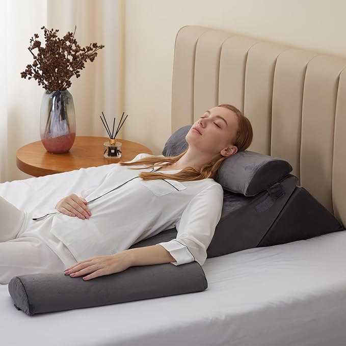 Bedluxe Adjustable 4pcs Bed Wedge Pillow Set, Memory Foam Wedge Pillows Post Surgery for Back, Neck, Leg Pain Relief, Pillow Wedge for Sleeping, Sitting up in Bed, Acid Reflux and GERD, Velvet