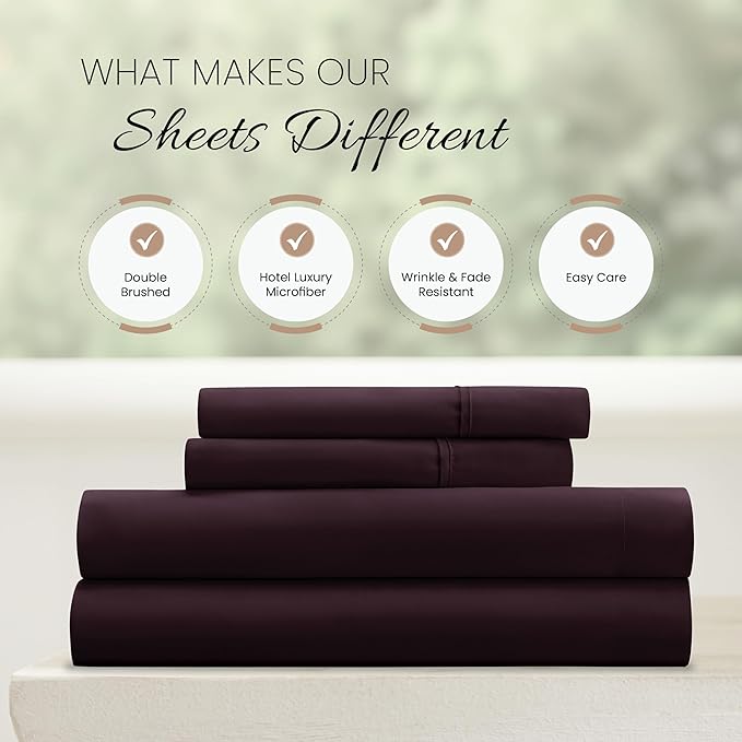 Linen Market Brushed Microfiber Queen Sheet Set 4 Piece – Oeko-TEX Certified Ultra Soft & Wrinkle-Free - 16" Deep Pocket Sheets - Easy Care Queen Size - Purple