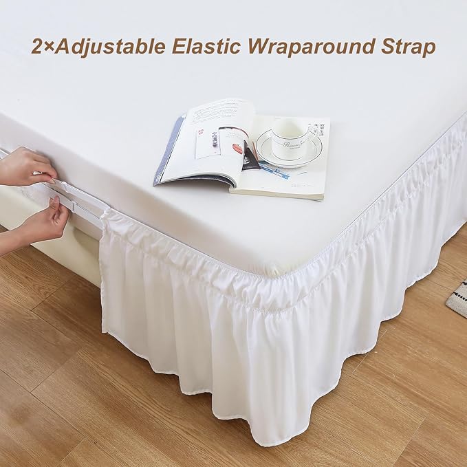 MEILA Wrap Around Bed Skirt Three Fabric Sides Elastic Dust Ruffled 24 Inch Tailored Drop,Easy to Install Fade Resistant-Natural White, Queen/King
