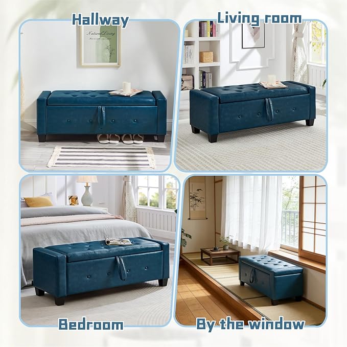 48" Storage Ottoman Bench, Upholstered Button-Tufted End of Bed Bench with Soft-Close Hinge & Solid Wood Legs, Foot Rest for Living Room, Bedroom, Hallway (Faux Leather, Blue)