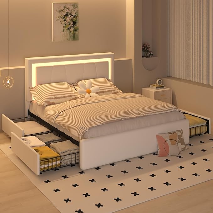 Queen Bed Frame with 4 Storage Drawers and Adjustable Headboard, Upholstered Platform LED Bed with Type-C&USB Ports, Solid Wooden Slats Support, Faux Leather, Easy Assembly, Beige