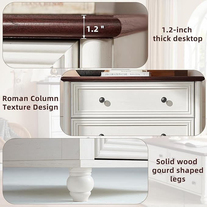 White Dresser for Bedroom, Farmhouse Tall Chest of Drawers Dresser Elegant Large Storage Dressers Organizer with Solid Wood Legs and Metal Handle Closet for Living Room, Hallway Entryway