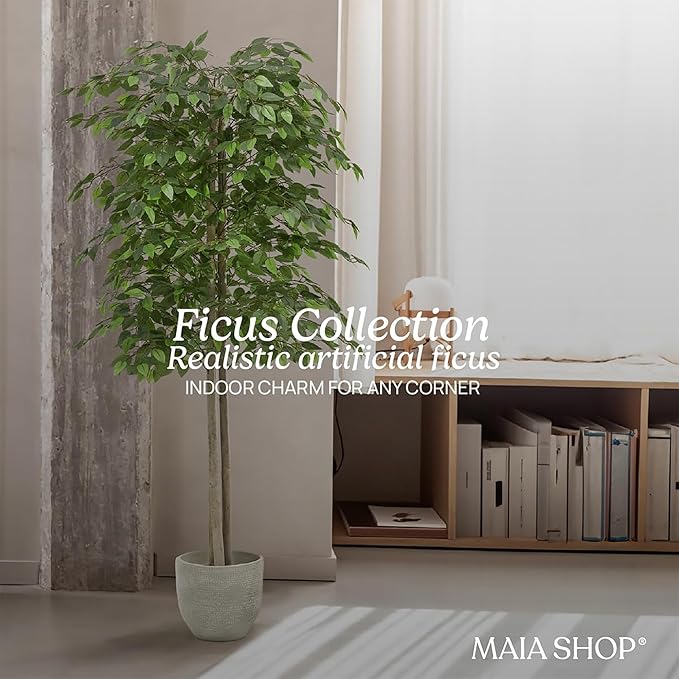Maia Shop 71in Artificial Ficus Tree Plant for House, Apartment or Office – Realistic Fake Indoor Plants for Living Room, Kitchen, Bedroom, Entryway or Bathroom – Faux Greenery for Home Décor