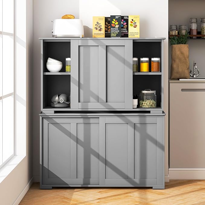 Costzon Sideboard Buffet Cabinet of 2, Wooden Kitchen Storage Cabinet with Adjustable Shelf, Sliding Barn Door, Accent Coffee Bar Cabinet Console Table for Living Room, Dining Room, Hallway (Grey)
