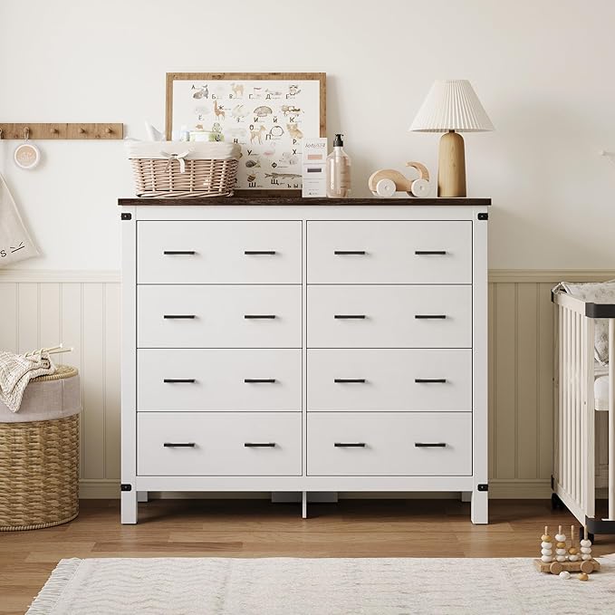 LINSY HOME Farmhouse 8 Drawer Double Dresser for Bedroom, 50” Wide Rustic Wood Chest with Deep Drawers, Modern Dressers with Storage and Metal Handles for Closet, Living Room, Hallway, Off White