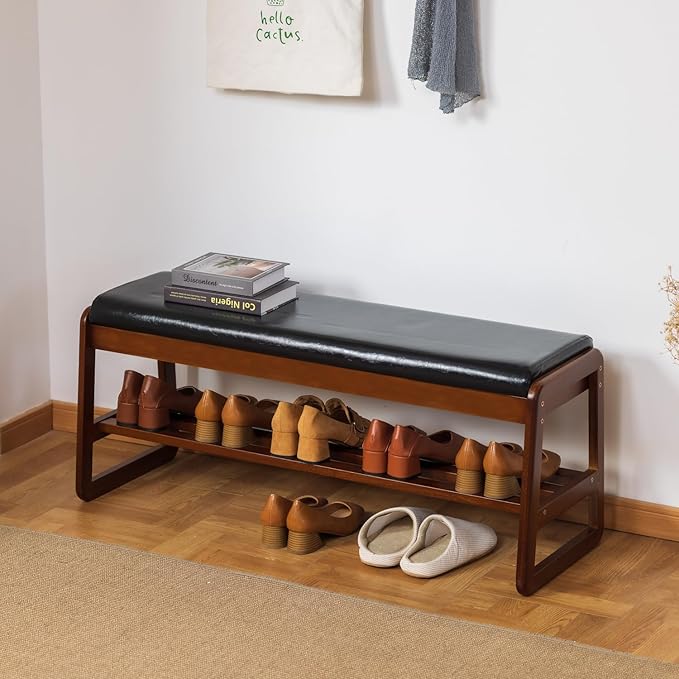 Solid Wood Shoe Bench, 2-Tier Entryway Bench with Cushion and Flip-Open Storage Box, Mid-Century Modern Shoe Bench Rack for Hallway, Mudroom(Black, 39.4'')
