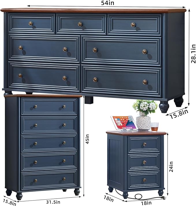 Farmhouse Dressers & Night Stand Set of 4, Wood 54" Wide Dresser & 45" Tall Chest of Drawers, 18" with Charging Station Nightstand Set of 2, Bedroom Furniture Dresser Set for Home Living Room Hallway