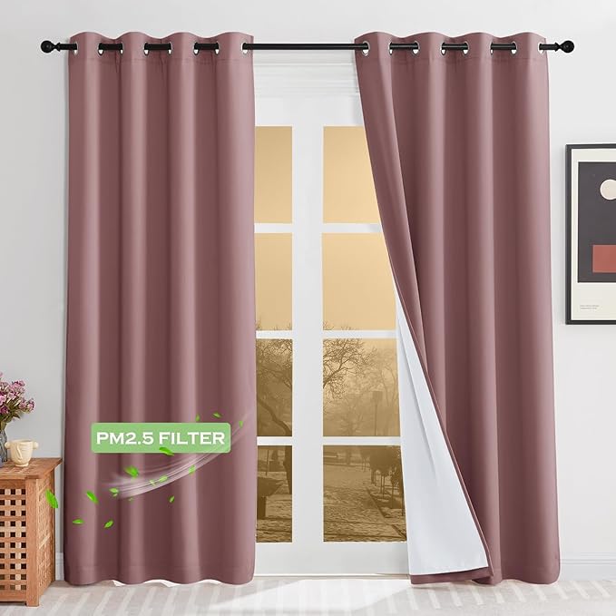 KGORGE 4-in-1 Soundproof Anti Dust 100% Blackout Curtains with Melt-Blown Layer Noise Reducing Thermal Insulating Window Drapes for Bedroom Nursery, W 52 x L 84, Dusty Rose, 2 Panels