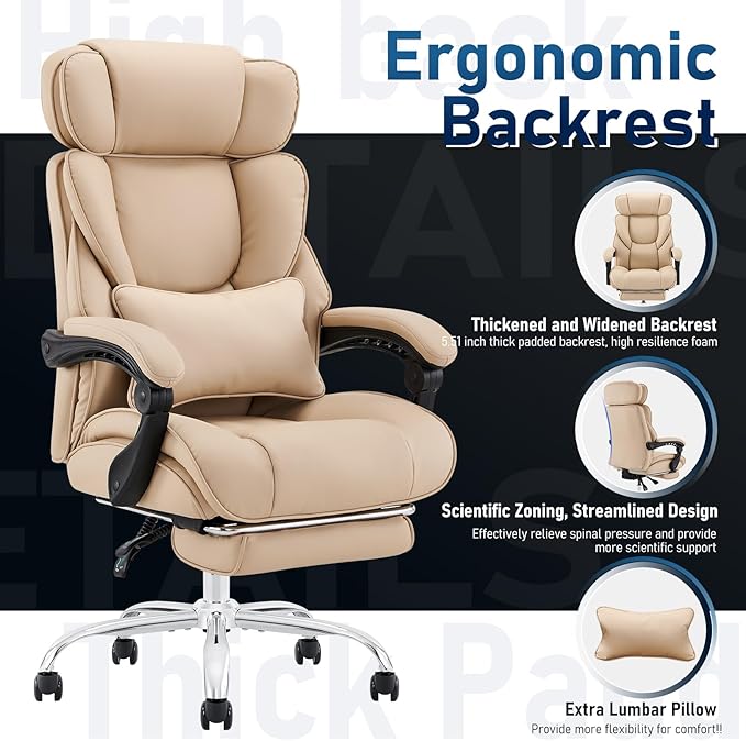 COLAMY Office Chair with Retractable Footrest, Ergonomic High Back Design Executive Computer Desk Chair with Removable Lumbar Pillow, 90-135°Reclining, Thick Bonded Leather for Home Office Work, Khaki