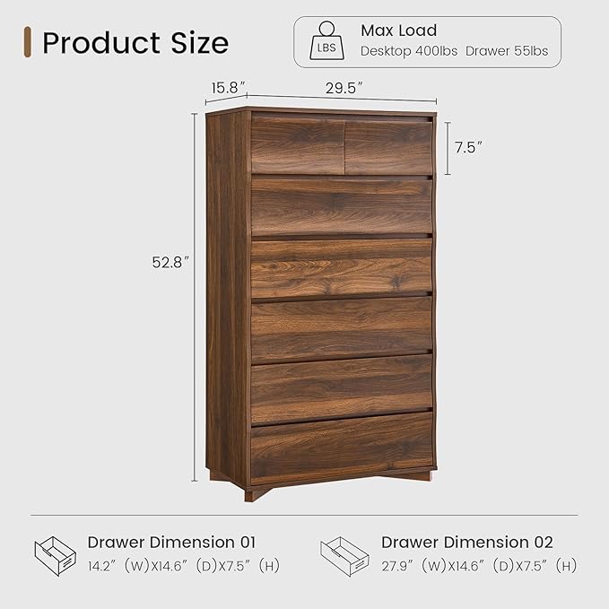 Tall Dresser for Bedroom, 52.8" Tall Dresser with 7 Drawers, Wood Dressers & Chests of Drawers, Accent Upright Drawer Organizers for Closet, Hallway