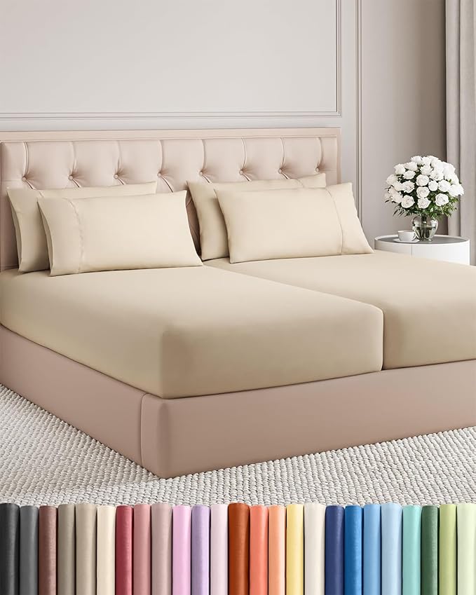 Split King 7 Piece Sheet Set - Cooling & Breathable - Hotel Luxury Bedding - Includes Fitted Sheets for Women, Men, Kids and Teens - 1 Flat, 2 Fitted Sheets, 4 Pillowcases with Deep Pockets - Wheat