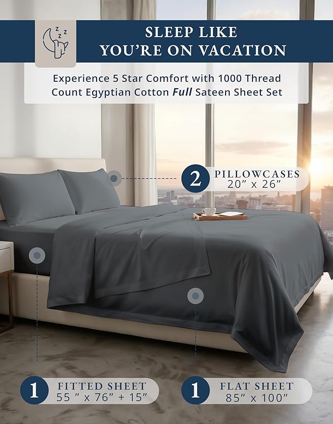 LANE LINEN 100% Egyptian Cotton Full Size Bed Sheets Set - 1000 Thread Count, Soft & Comfy No Pill Fade Resistant Natural Cooling Mercerized Cotton Sheets Full Size Bed 15" Deep Pocket - Charcoal