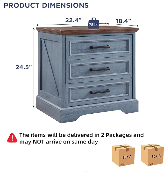 ACCOHOHO Farmhouse Nightstands Set of 2, 22 Inch Wide End Table with Charging Station & 3 Large Drawers, Rustic Wood Small Dresser Chest of Drawers for Bedroom, Living Room, Blue