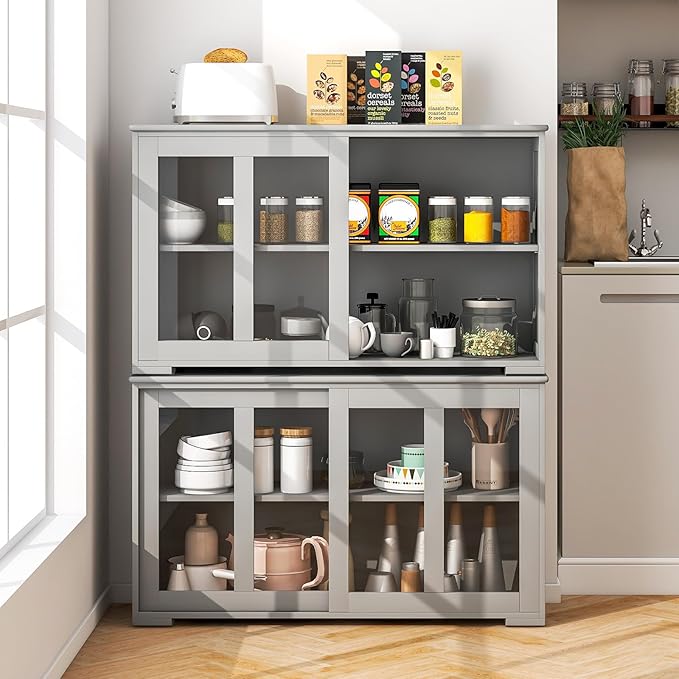 Costzon Sideboard Buffet Cabinet of 2, Wooden Kitchen Storage Cabinet with Adjustable Shelf, Sliding Glass Doors, Accent Coffee Bar Cabinet Console Table for Living Room, Dining Room, Hallway