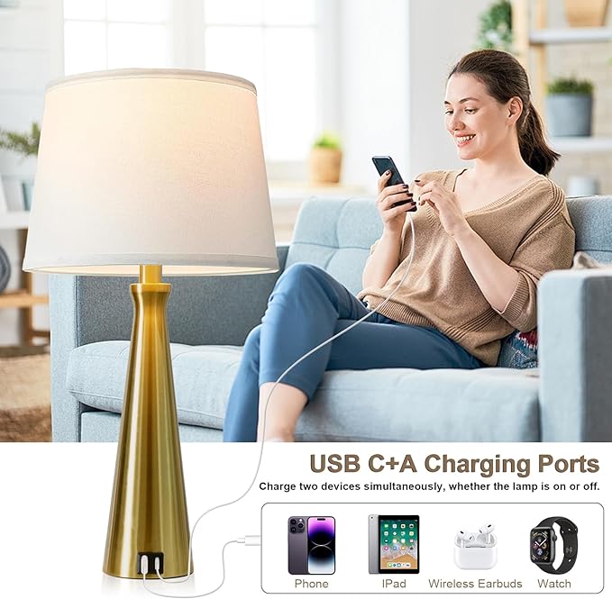 Seealle Modern Table Lamps Set of 2 - Touch Bedside Lamp for Nightstand with Dual USB C+A,3-Way Dimmable Coppery Nightstand Lamps for Living Room Bedroom End Table with White Shade(Bulb Included)