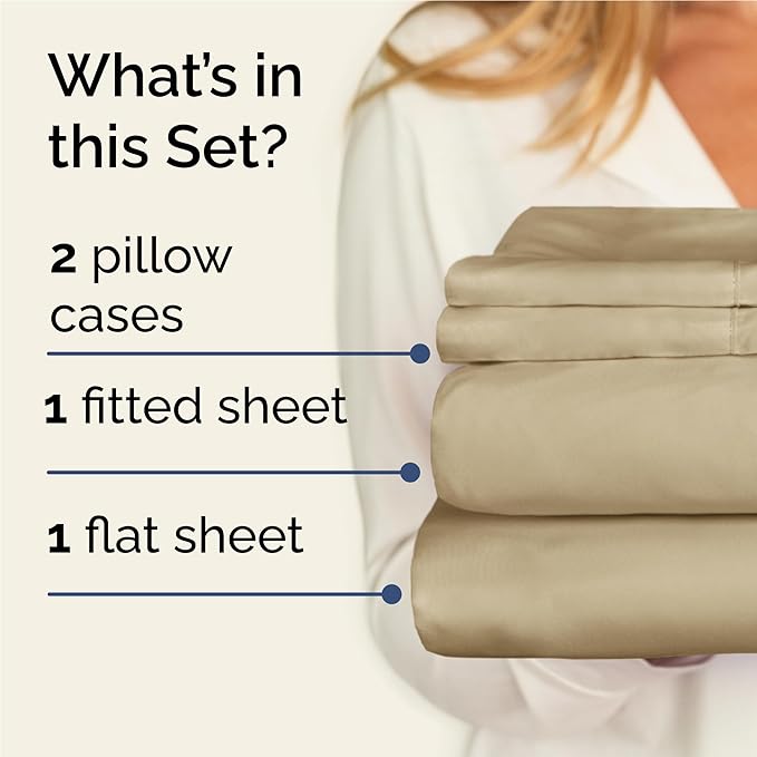 Twin XL 4 Piece Sheet Set - Cooling, Comfy & Breathable - Hotel Luxury Bedding, Includes Fitted Sheet for Women, Men, Kids and Teens - 1 Flat, 1 Fitted Sheet, 2 Pillowcases with Deep Pockets - Beige