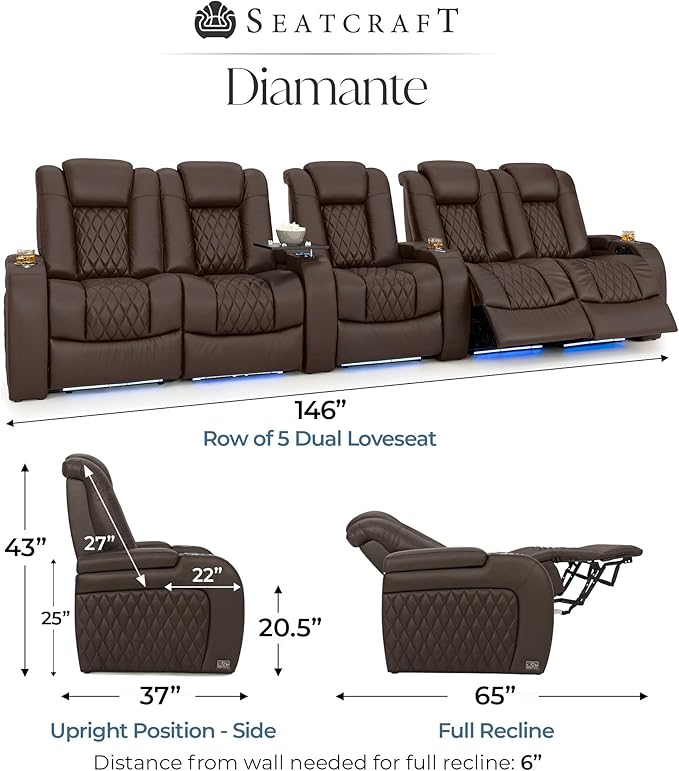 Seatcraft Diamante Zero-Gravity CoolZero Italian Leather Home Theater Seating, Power Headrest, Power Recline, Row of 5 Dual Loveseats, Brown