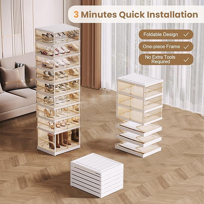 Shoe Rack Organizer for Closet Entryway Foldable Sneaker Storage Shoe, Collapsible Shoe Cabinet, Stackable Shoe Storage Cabinet with Lids for Living Room (9 Tiers -18 Pairs Transparent)