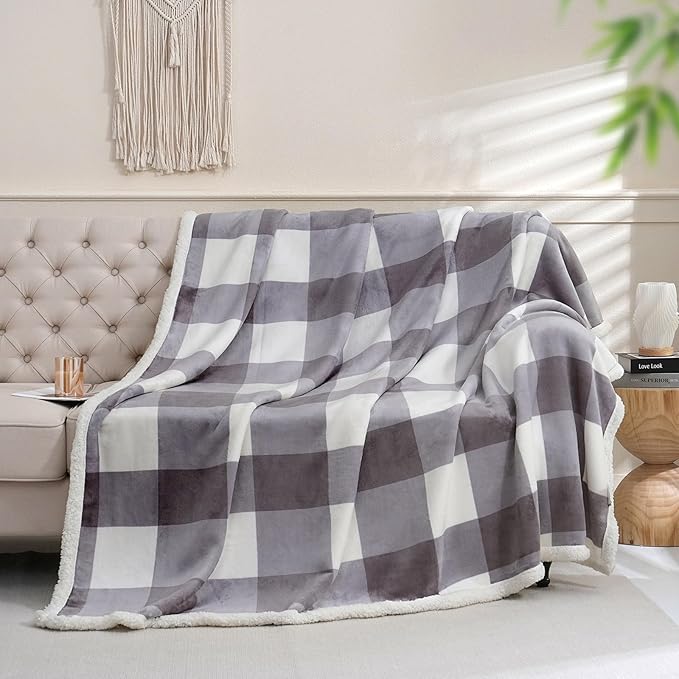 Sherpa Blanket Throw Blanket for Couch Bed Sherpa Fleece Blanket Fluffy Checkered Soft Blanket for All Season Use Cozy Thick Warm Big Throws Twin (Grey-Soft White, 60"*80")