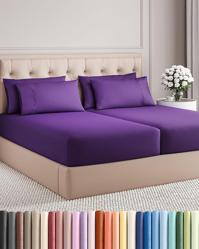 Split King 7 Piece Sheet Set - Cooling & Breathable - Hotel Luxury Bedding, Includes Fitted Sheets for Women, Men, Kids and Teens - 1 Flat, 2 Fitted Sheets, 4 Pillowcases with Deep Pockets - Purple