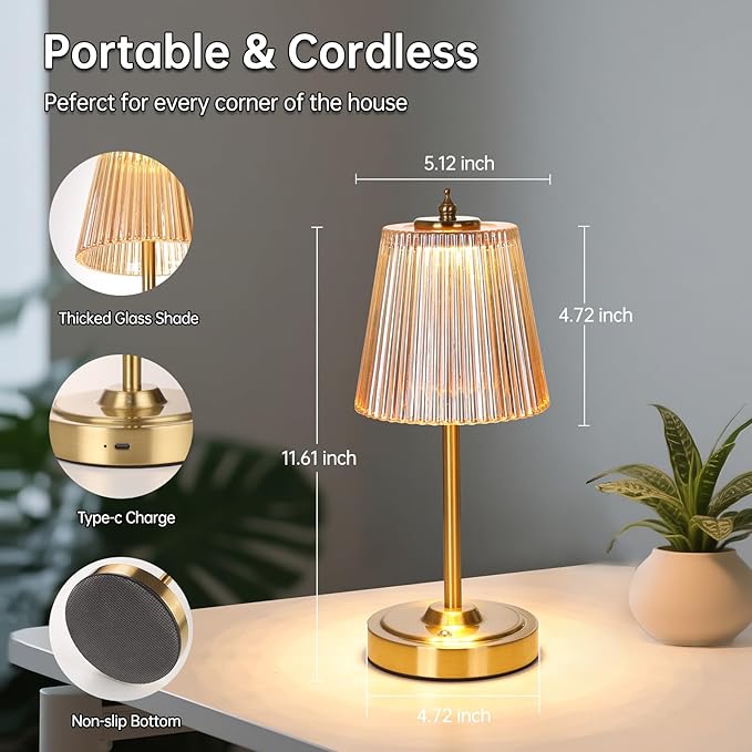 Small Table Lamp with 5200mAh Battery & Touch Control - 3 Adjustable Color Temperatures, Dimmable Rechargeable Table Lamps for Living Room, Bedroom, Bedside (Amber Stripe)