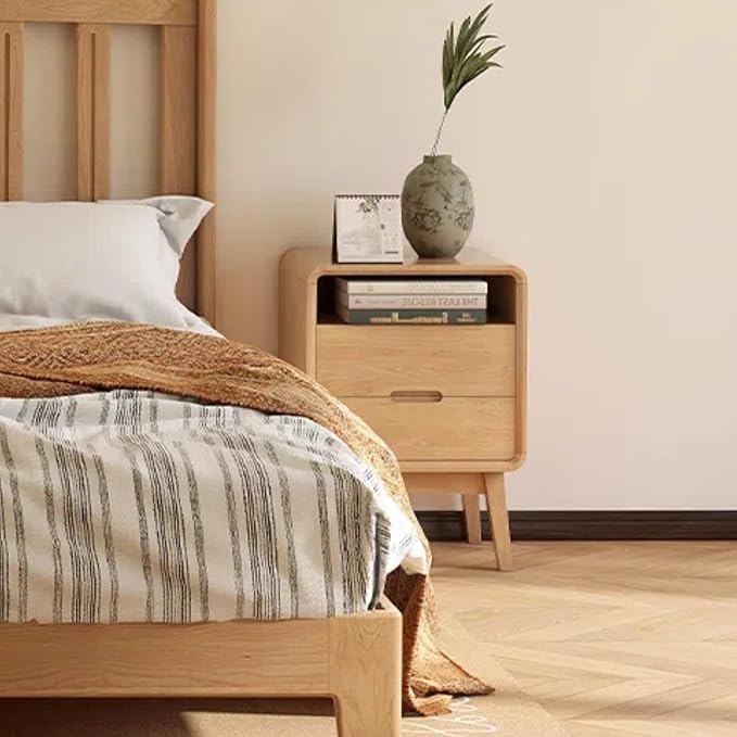100% Solid Oak Wood Nightstand with 2 Drawers, Mid Century Modern Night Stand with Open Shelf, Wooden Nightstand, Small Night Stand for Small Spaces, Oak Bedside Table for Bedroom(23.23" H)