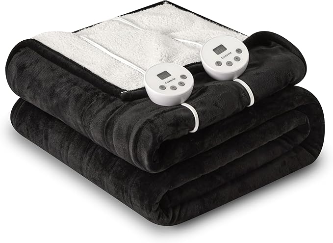 Heat Blanket 84”x90” Queen Size-Dual Control，Soft Flannel & Sherpa Reversible Electric Blanket with 10 Heat Settings,12 Timer Setting and 8 Hours Auto-Off,ETL Certified Machine Washable,Black