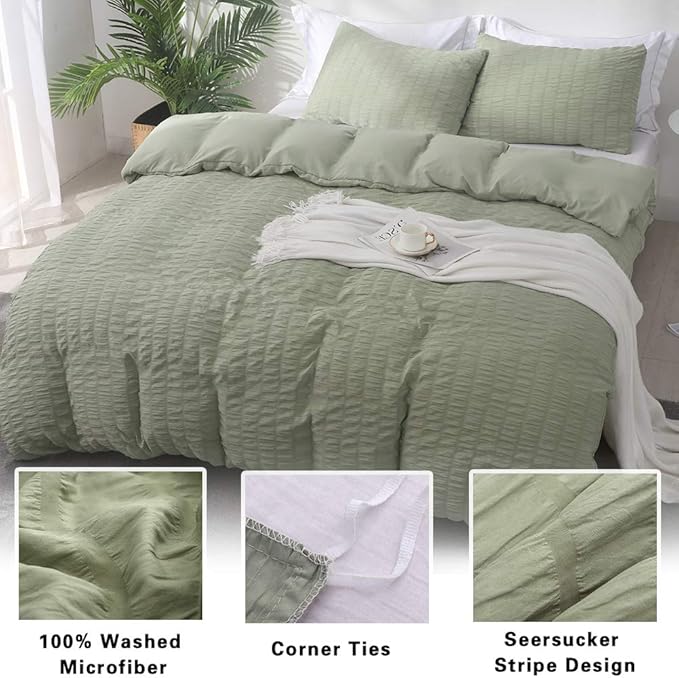 AveLom Green Duvet Cover King(104 x 90 inches), 3 Pieces (1 Duvet Cover, 2 Pillow Cases),Seersucker Tripe Soft Washed Microfiber Textured Duvet Cover Set with Zipper Closure, Corner Ties