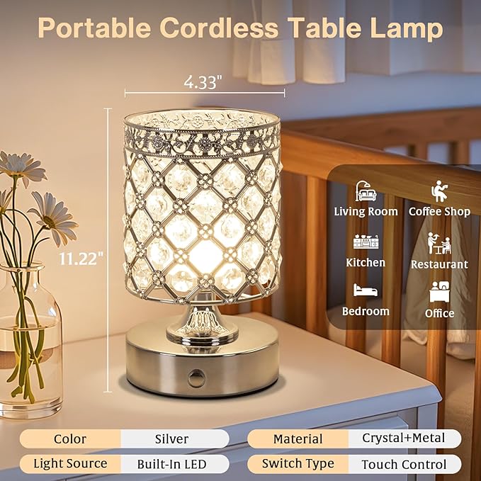 TOBUSA 6000mAh Crystal Battery Operated Lamp, Silver Modern Cordless Table Lamp Rechargeable, Portable Bedside Touch Small Desk Lamp 3000K-4500K-6000K, Stepless Dimmable Wireless LED Night Light