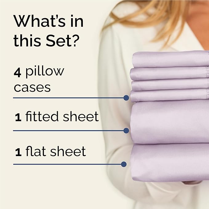 Full 6 Piece Sheet Set - Cooling & Breathable - Hotel Luxury Bedding, Includes Fitted Sheet for Women, Men, Kids and Teens - 1 Flat, 1 Fitted Sheet, 4 Pillowcases with Deep Pockets - Light Lavender