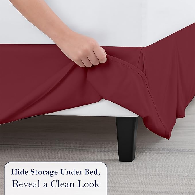 Twin Bed Skirt, Luxury 12 Inch Drop Burgundy Pleated Bed Skirt, Double Brushed Microfiber, Box Pleat Design, Wrinkle & Fade Resistant, Easy Fit Tailored Bedskirt for Twin Size Beds