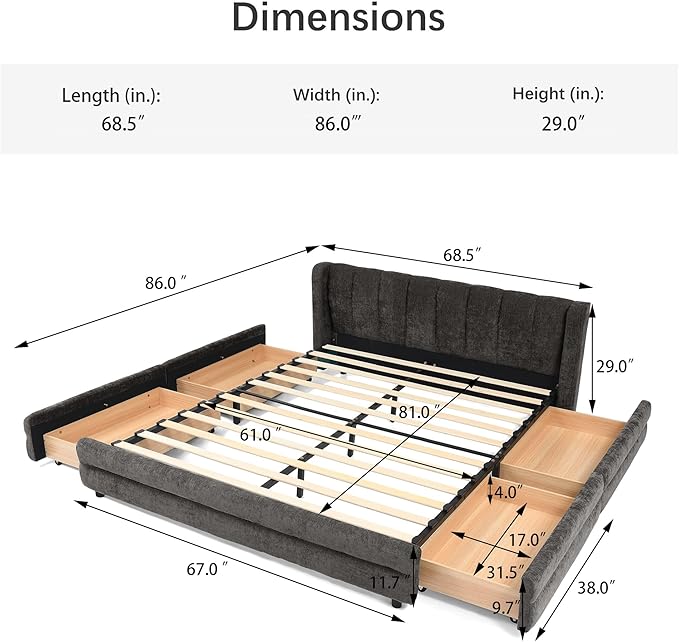 DEINPPA Queen Size Bed Frame with 4 Storage Drawers and Cloud Soft Headboard, Chenille Upholstered Grounded Wood Base Bed Frame, No Box Spring Needed-Dark Grey