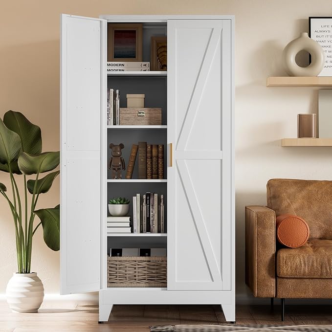 COFaR 5 Tier Metal Farmhouse Storage Cabinet with 2 Barn Door, 4 Adjustable Shelves and Legs, for Kitchen, Dining Room, Bathroom, Living Room, Office
