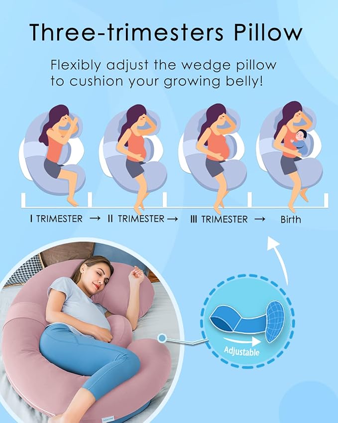 QUEEN ROSE Cooling Pregnancy Pillows, E Shaped Maternity Pillow for Sleeping, with Extra Wedge Pillow for Belly Support, 60 Inch Full Body Pillow, Pink