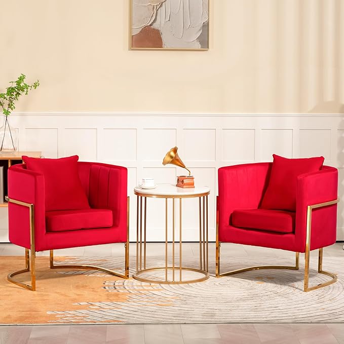 Velvet Modern Accent Chair, Upholstered Barrel Armchair Mid Century with Pillow for Living Room, Comfy Single Vanity Chair with Metal Gold Legs for Bedroom, Rose Red