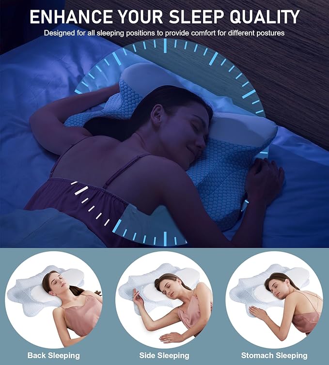 Cervical Pillow for Neck Pain Relief, Ergonomic Dual-Height Memory Foam Pillow with Cooling Breathable Cover for Side, Back & Stomach Sleepers – Blue + White