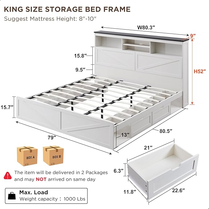 ACCOHOHO Farmhouse King Size Bed Frame with 52" High Storage Bookcase Headboard and 4 Drawers,Wooden Bed Frame with LED Light and Charging Station,White
