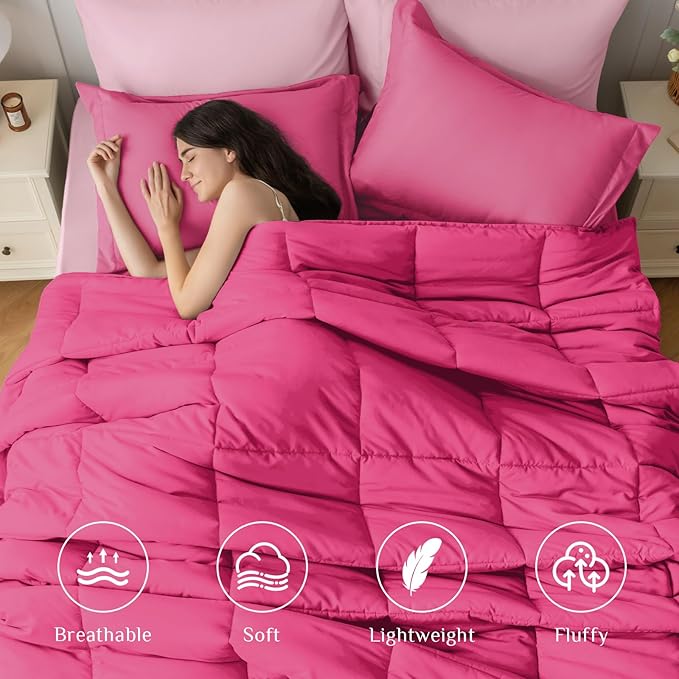 JOLLYVOGUE Twin Comforter Set, Ultra-Soft Bed in a Bag Twin Size 5 Pieces, Oeko-TEX Certified Bedding Set with Down Alternative Comforter, Sheets, Pillowcases & Shams, Hot Pink & Baby Pink