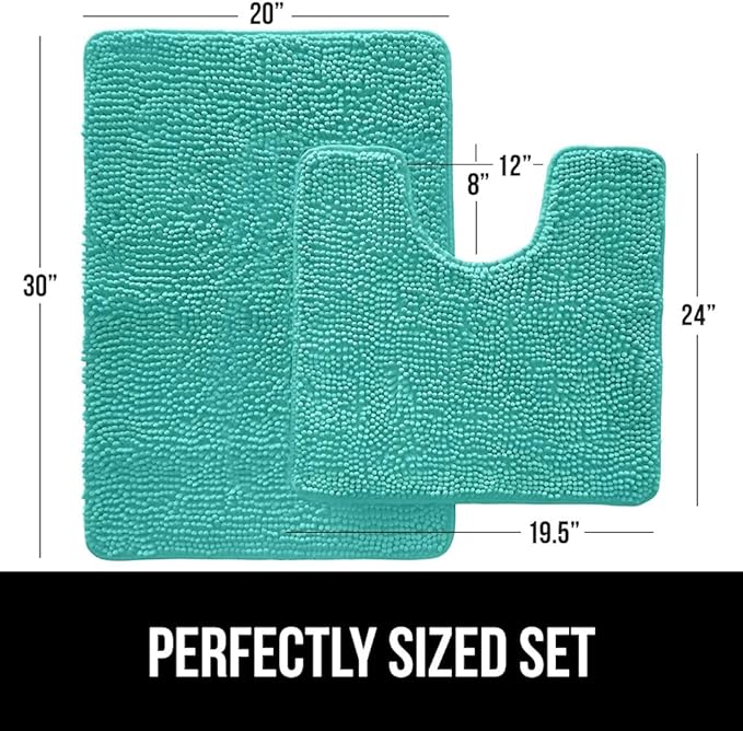 GORILLA GRIP Bathroom Rug Sets, Soft Chenille 2 Piece Area Rugs Set, Toilet Base Mat and 30x20 Carpet, Absorbent Microfiber Washable Mats Dry Quickly, Home Décor and Bath Room Accessories, Turquoise