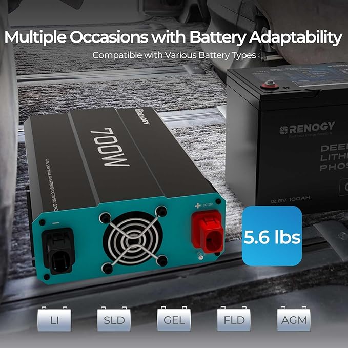 Renogy Inverter P2 700 watt Pure Sine Wave Inverter, Solar Car Power Inverter 12V to 120V AC Converter for RV, Truck, Camping, Home Backup, Outdoor, Emergency, Off-Grid Living, 16.4FT Remote Control