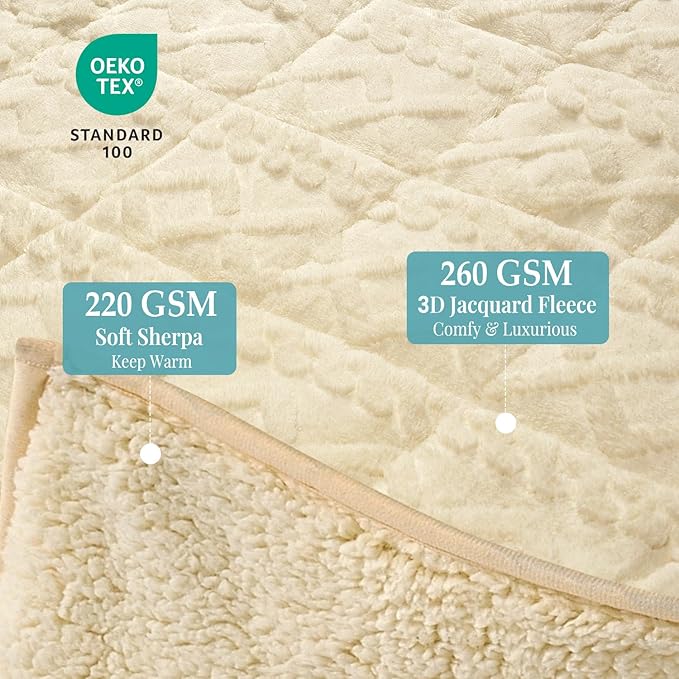 Topblan Weighted Blanket Queen Size 15lbs, Adult Weighted Blankets with Cozy Warm Sherpa for Sleeping and Calming, Jacquard Heavy Blanket for Couch Bed, Beige, 60 x 80 inches