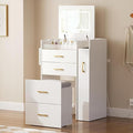 3 in 1 Vanity Desk with Flip Top Mirror, LED Lights, Side Cabinet,Collapsible Desk Panel, Hidden Stool with Storage, Small Makeup Vanity Table with Power Outlets, Compact Vanity, White PT01DTW
