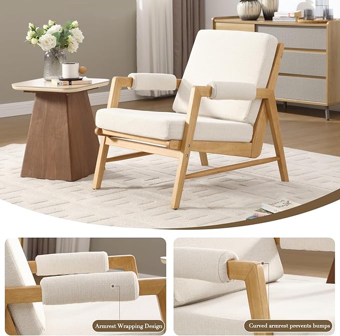 HEAH-YO Modern Accent Chair, Upholstered Linen Fabric Living Room Chair with Wooden Frame, Comfy Armchair with Thick Cushion for Bedroom Balcony, Beige